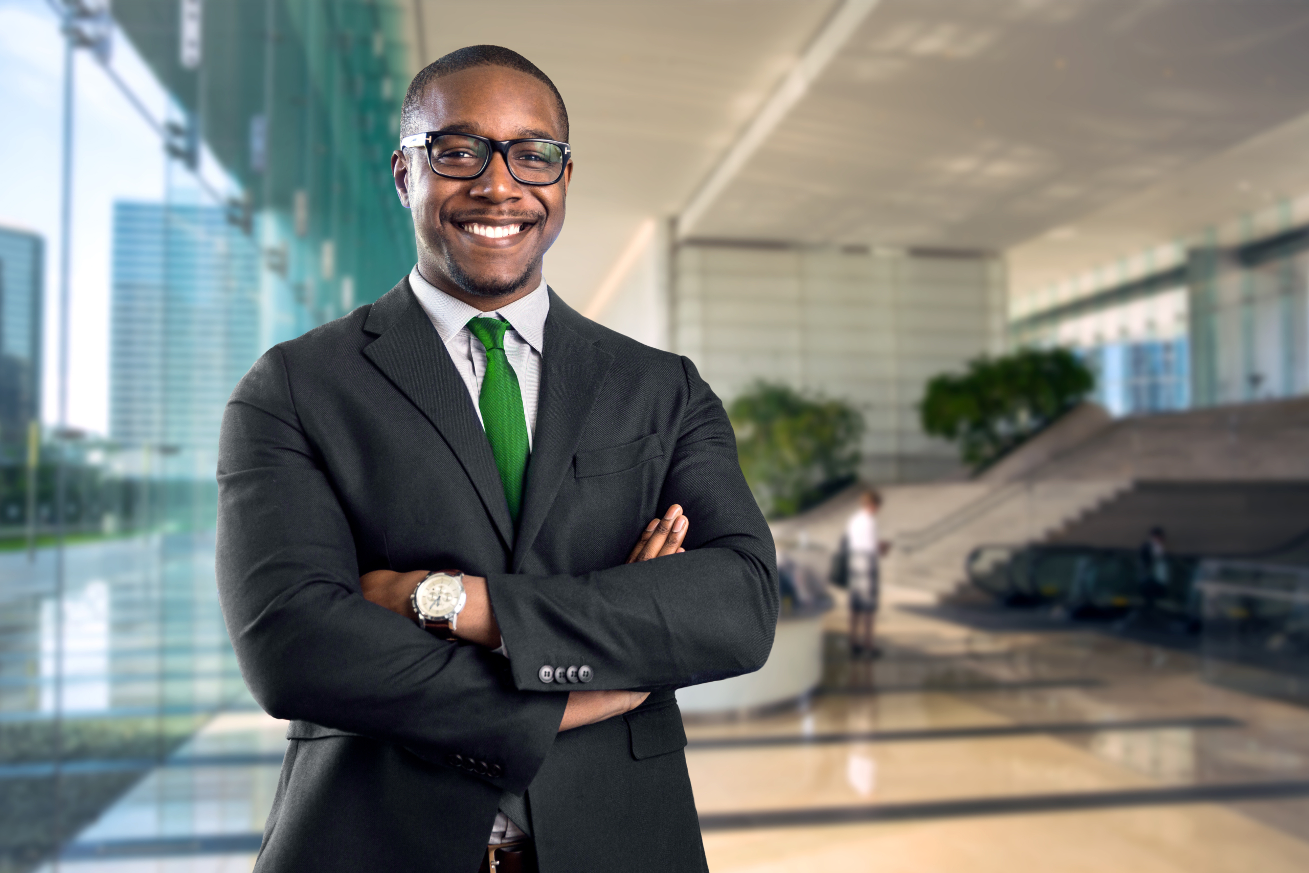 African american bank manager owner ceo business man standing co